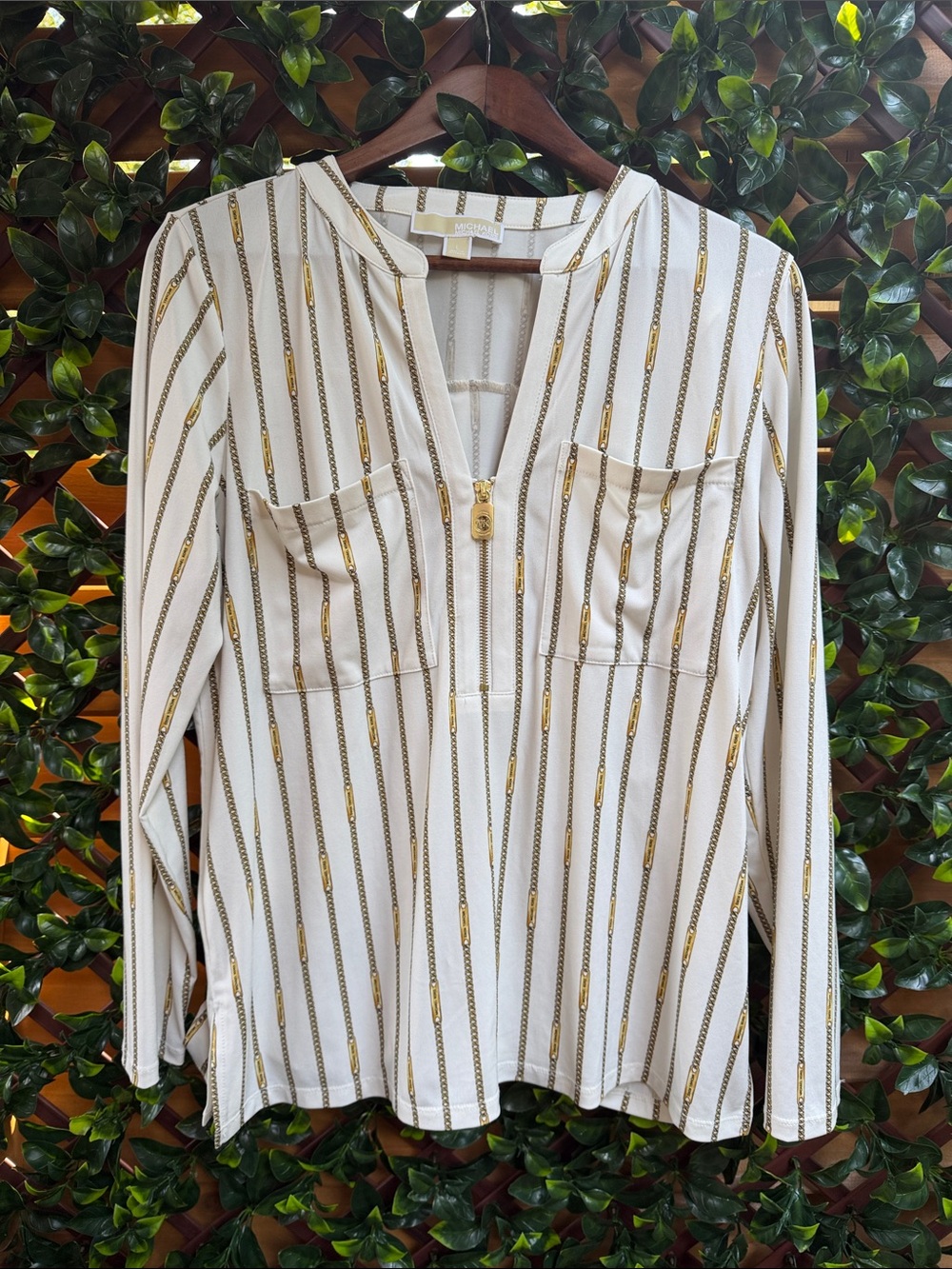 Michael Kors White Blouse with Gold Chain-Stripe Details